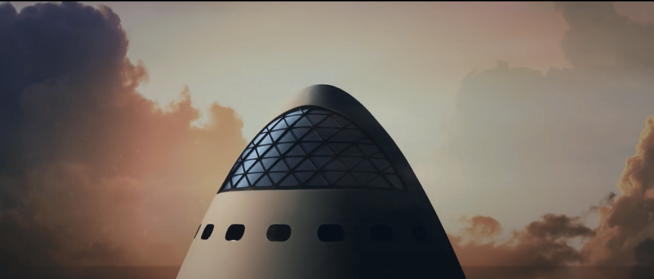 The SpaceX Starship nose cone, featuring a geodesic dome window designed for panoramic views. The lighting and surrounding clouds suggest sunset or sunrise, evoking a sense of awe and futuristic ambition.