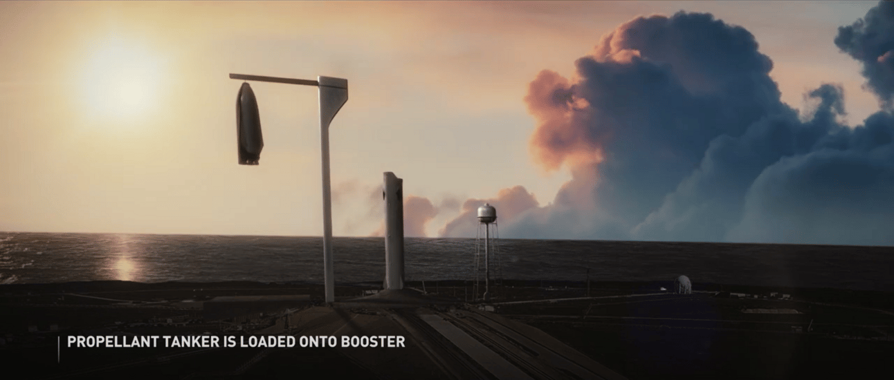 SpaceX's launch tower and booster stand silhouetted against a dramatic sunset sky with billowing clouds. The Super Heavy booster is positioned on the launch mount as preparations continue. Text overlay reads "PROPELLANT TANKER IS LOADED ONTO BOOSTER" in the lower left corner.