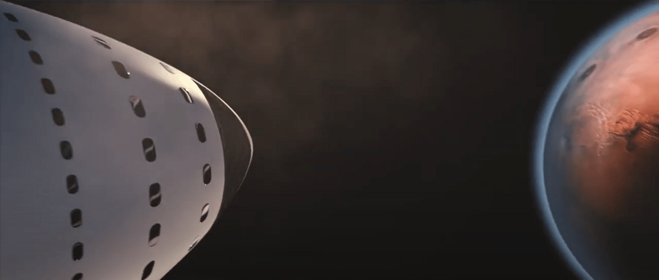 Starship's heat shield with its distinctive pattern of tiles is visible in the foreground as the spacecraft approaches Mars, which appears as a reddish-orange sphere with a thin atmosphere in the background against the black of space.