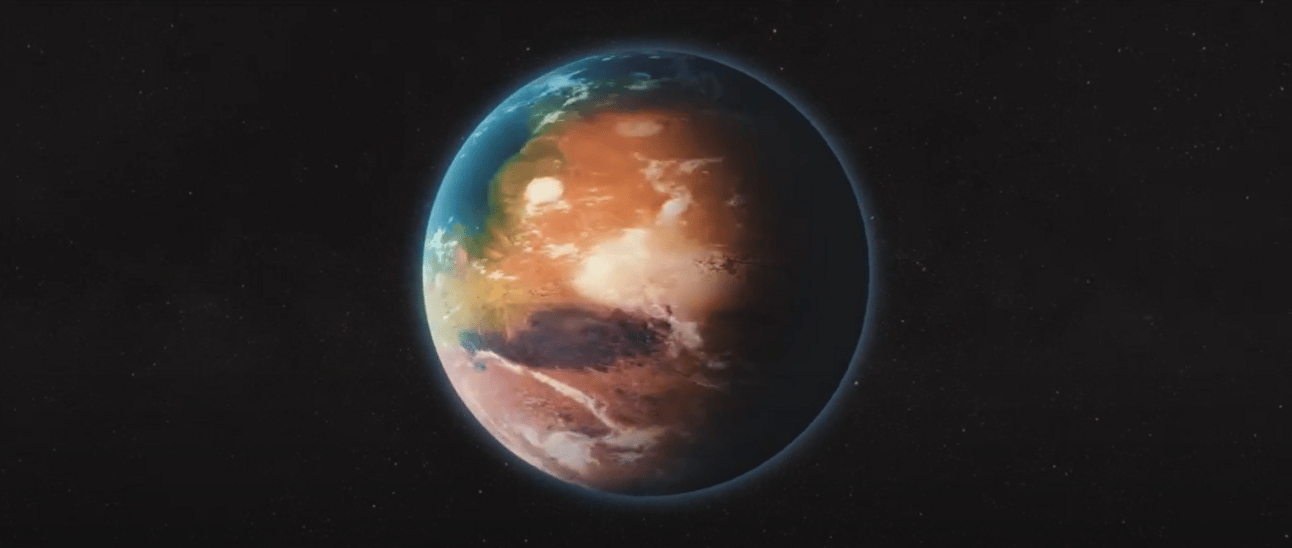 A vibrant, terraformed world with flowing water and blue skies