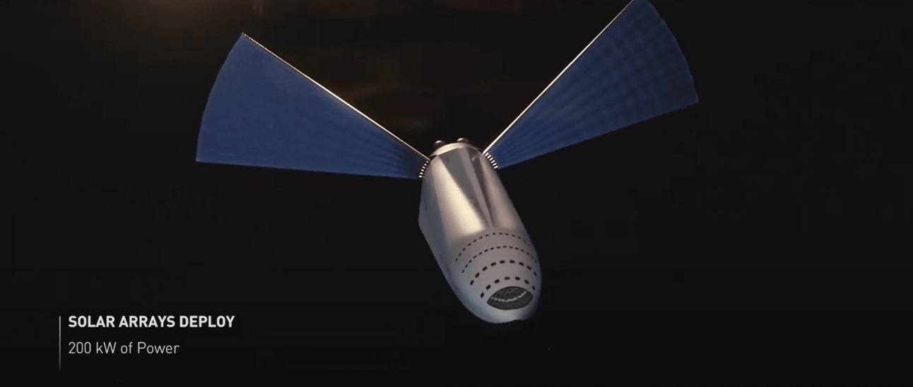 Starship in space with its large blue solar arrays deployed like wings against the black backdrop of space. The cylindrical spacecraft shows its metallic hull and engine section. Text overlay reads "SOLAR ARRAYS DEPLOY" and "200 kW of Power" in the lower left corner.