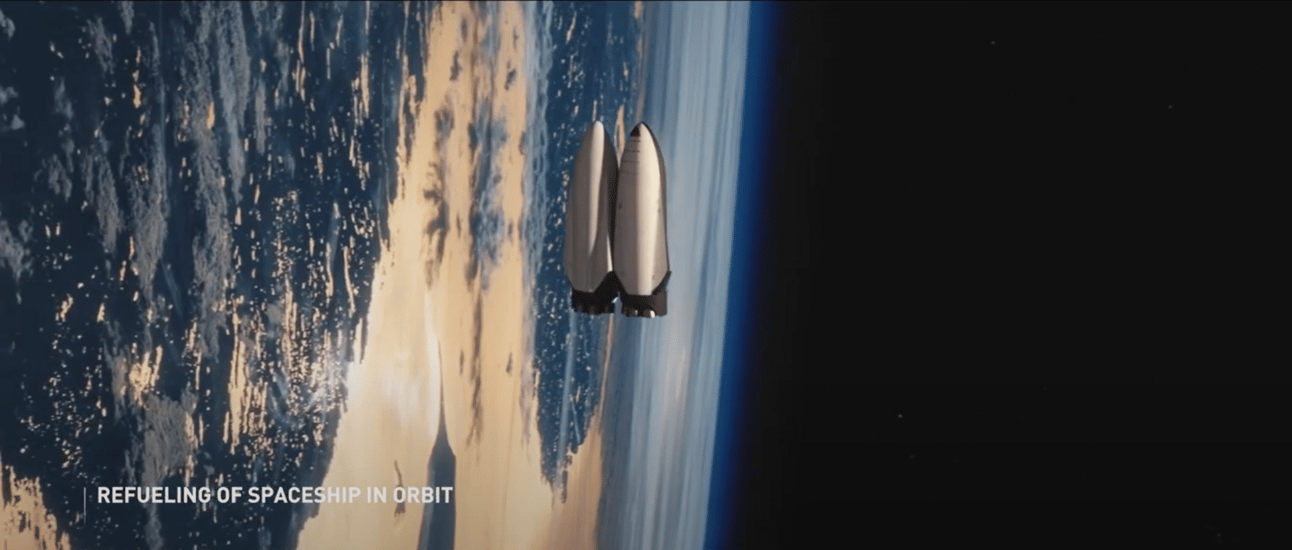 Two Starship vehicles positioned close together in Earth orbit for refueling operations, with Earth's curved surface, clouds, and the thin blue line of the atmosphere visible in the background. Text overlay reads "REFUELING OF SPACESHIP IN ORBIT" in the lower left corner.